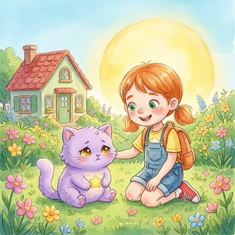 Illustration de « Lina et le Chat Étoilé », style Aquarelle